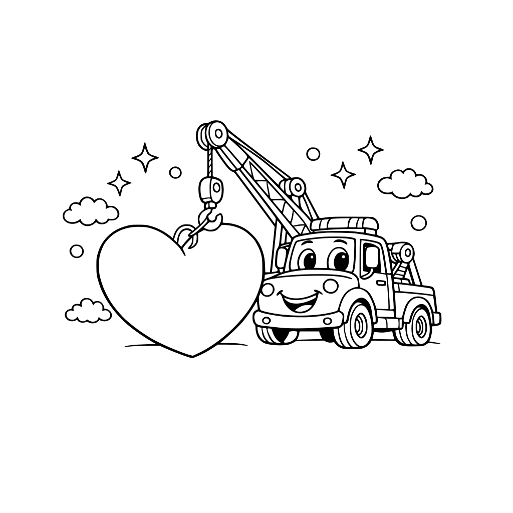 “Smiling tow truck lifting a giant glowing Valentine heart with its hook, playful cartoon style, pastel sky.”