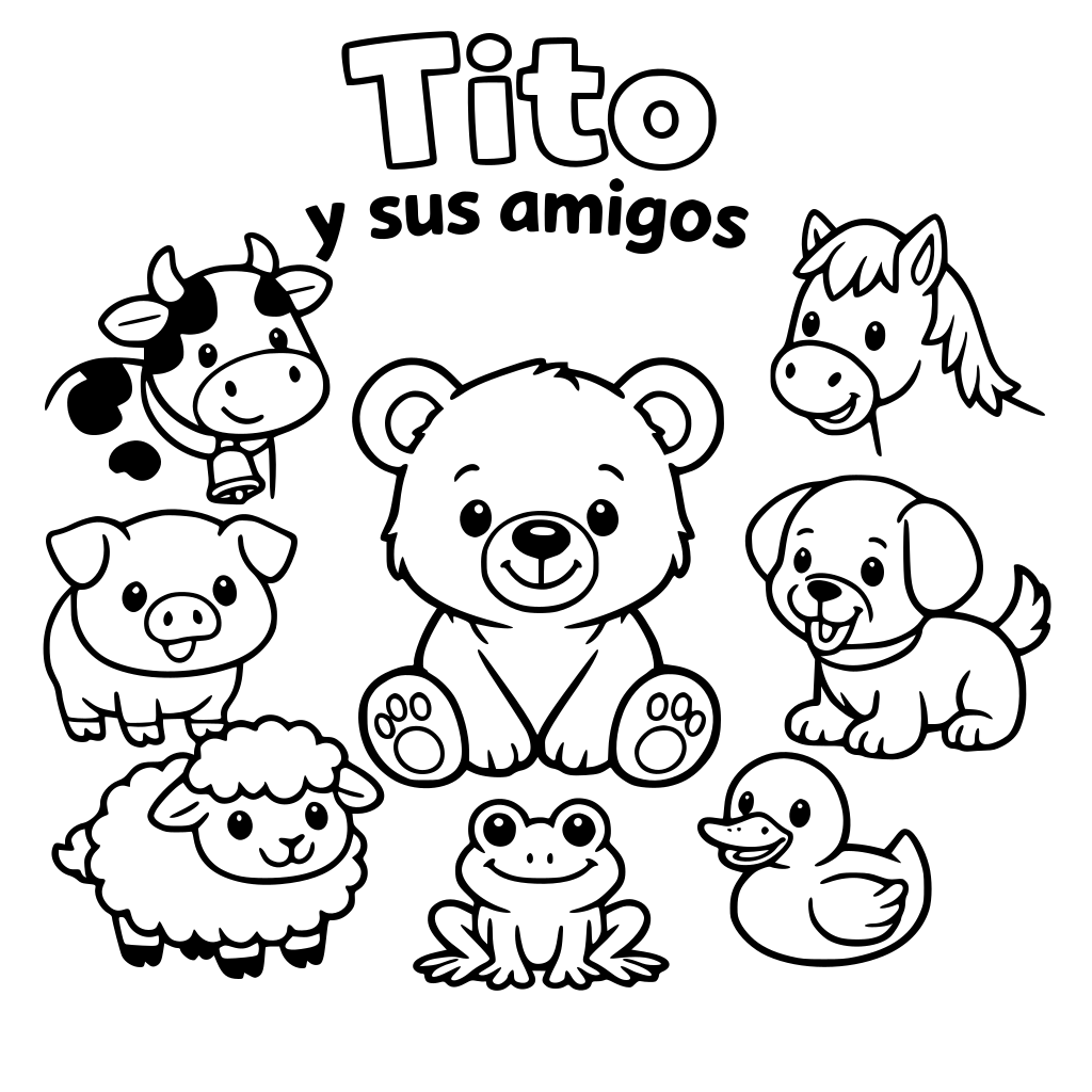 Un libro de animales en donde se encuentre un osito en el centro y a los lados una vaca, un chancho, una oveja, un perro, un caballo, un sapo y un pato. Con el título Tito y sus amigos