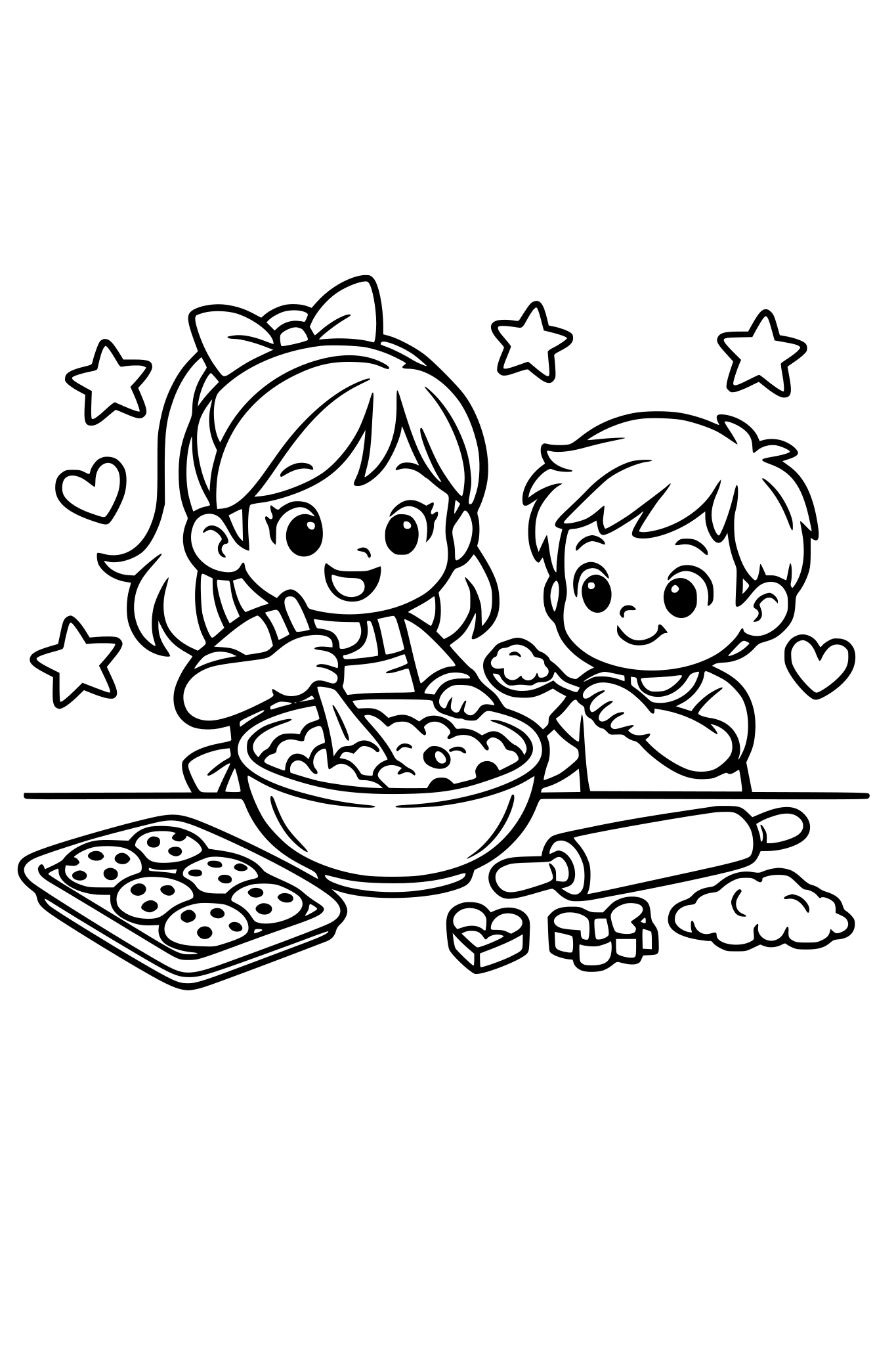 cute kids coloring page, cute girl mixing cookie dough in a big bowl on the kitchen table, boy helping with a spoon, cookies and rolling pin on the counter, stars and hearts around, simple shapes, thick outlines, black and white line art