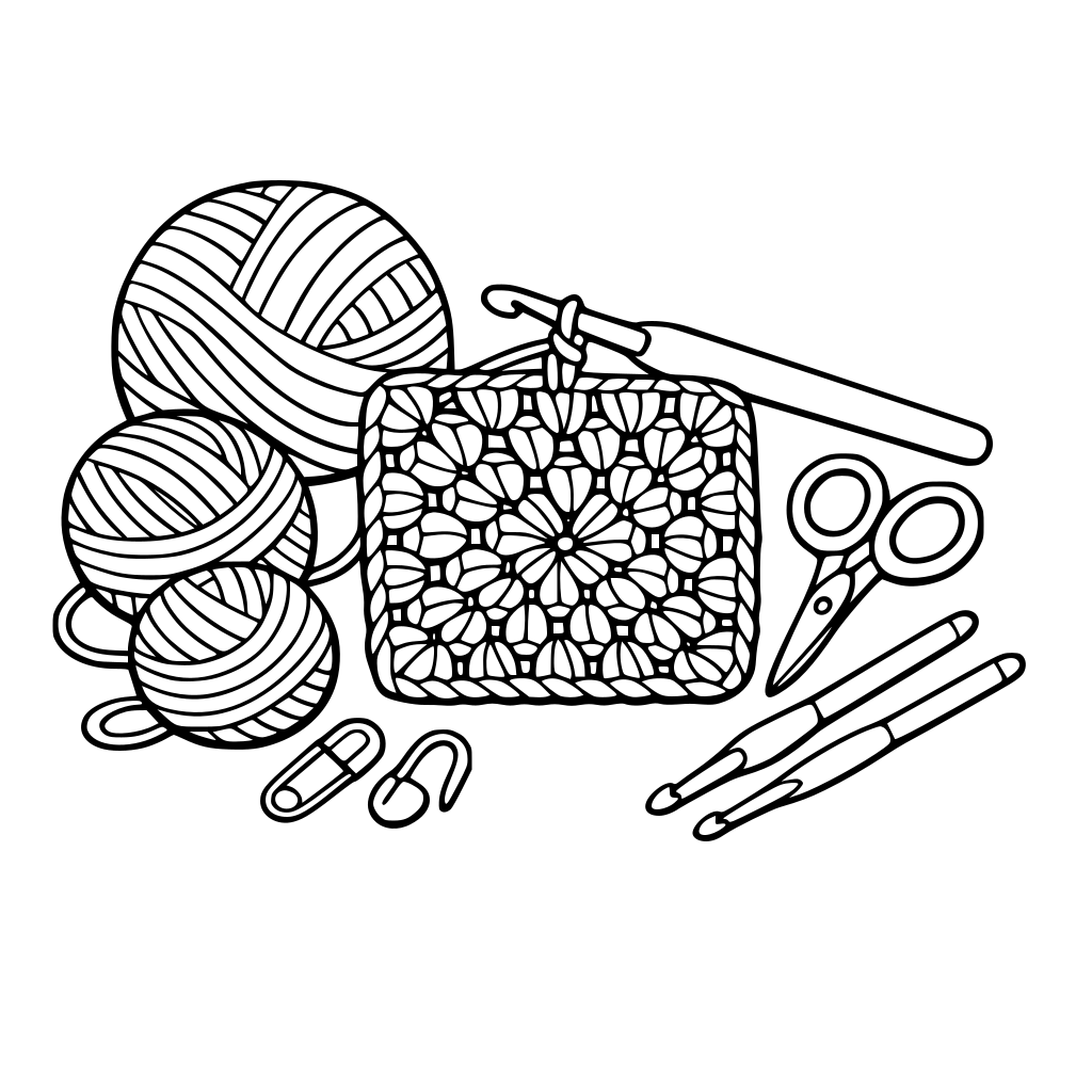 crochet set, yarn, needles, project