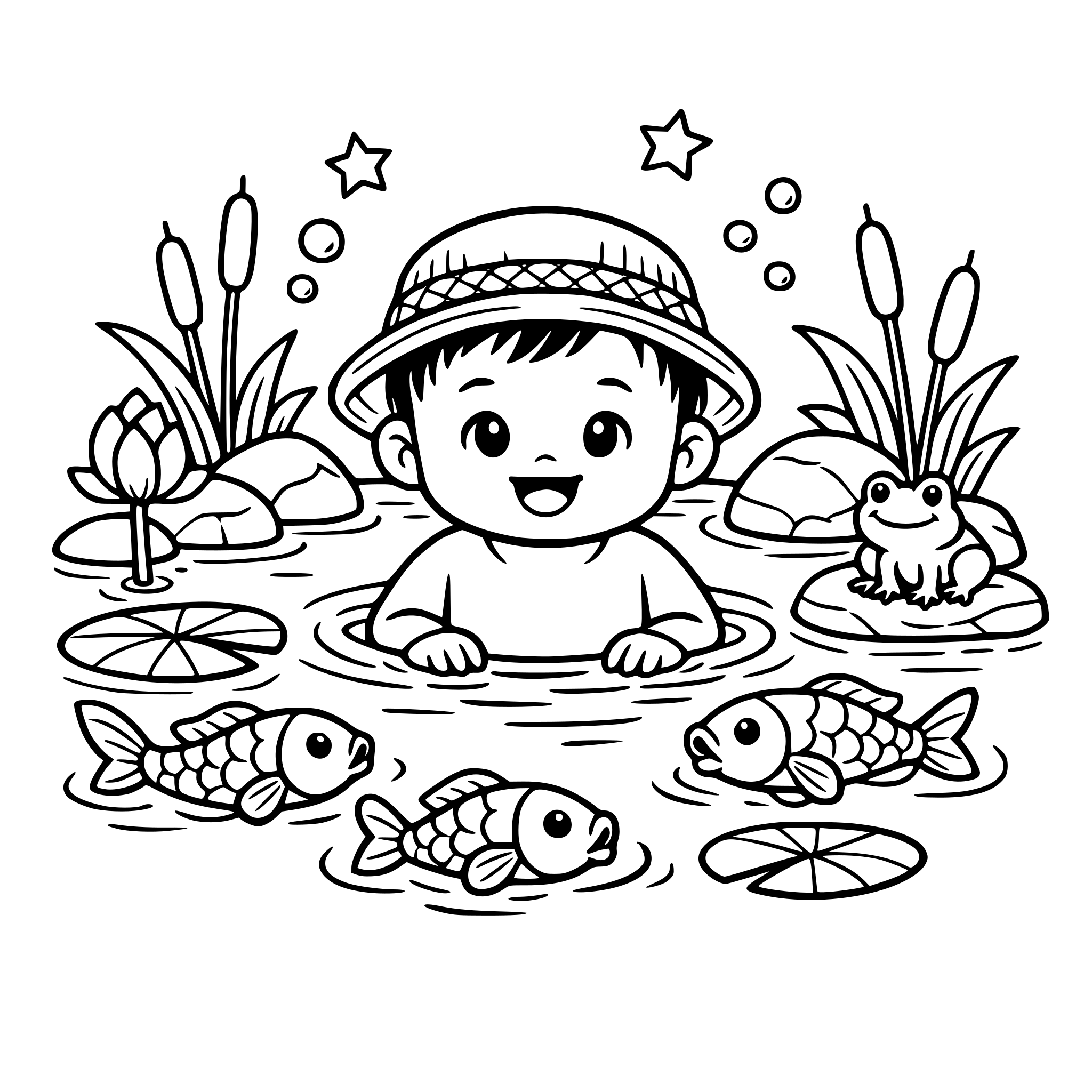 asian baby boy with hat inside fish pond