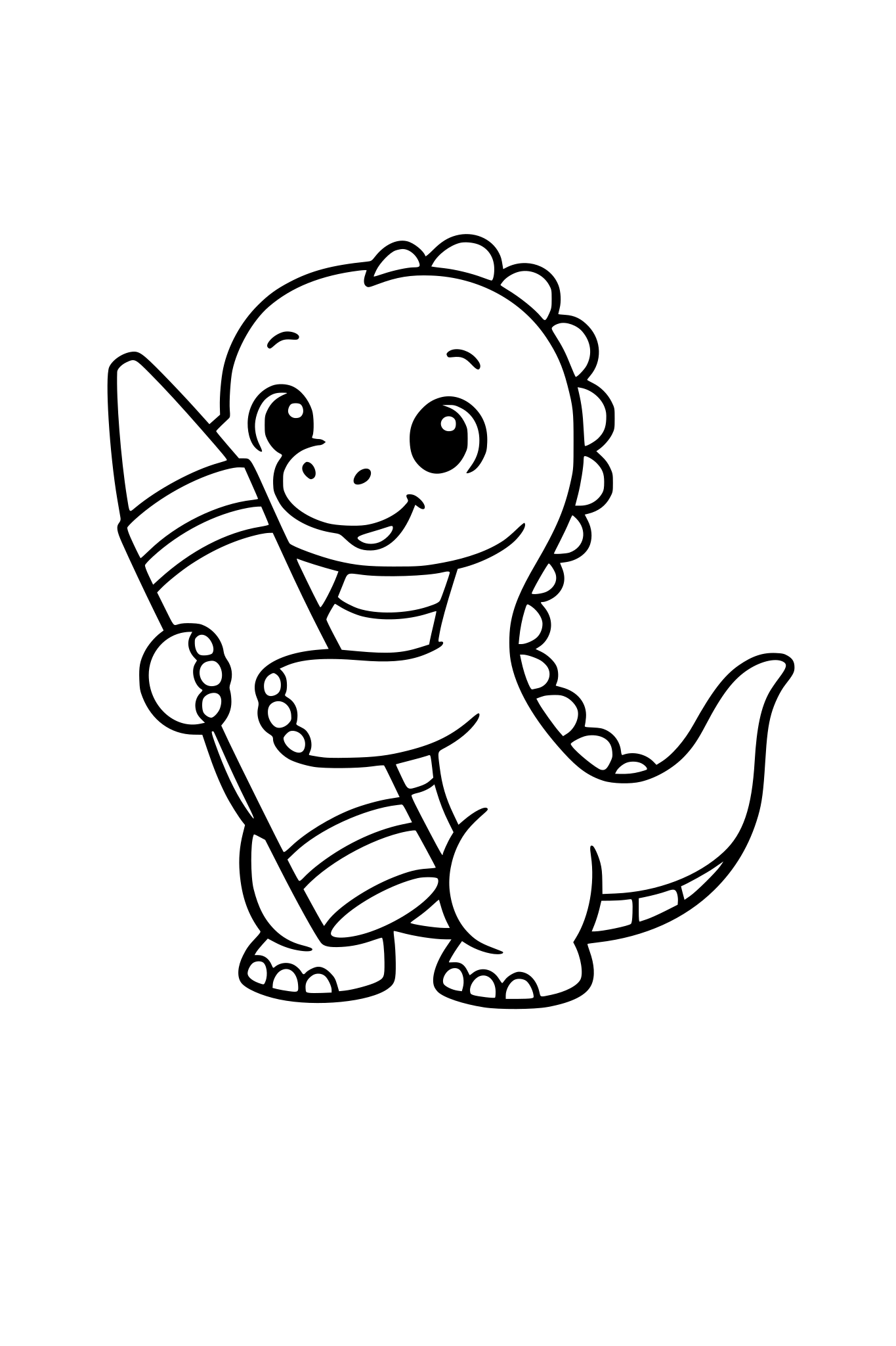 mały słodki, tytanozaur - trzyma dużą kredkę, obrazek dla małych dzieci, bez szczegółów, bez tła