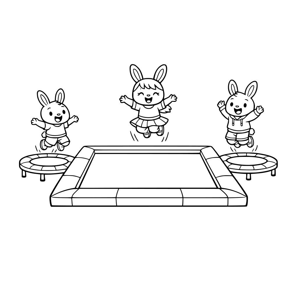 Simple trampoline park coloring page: one big trampoline, two small trampolines, three cute bunny kids bouncing