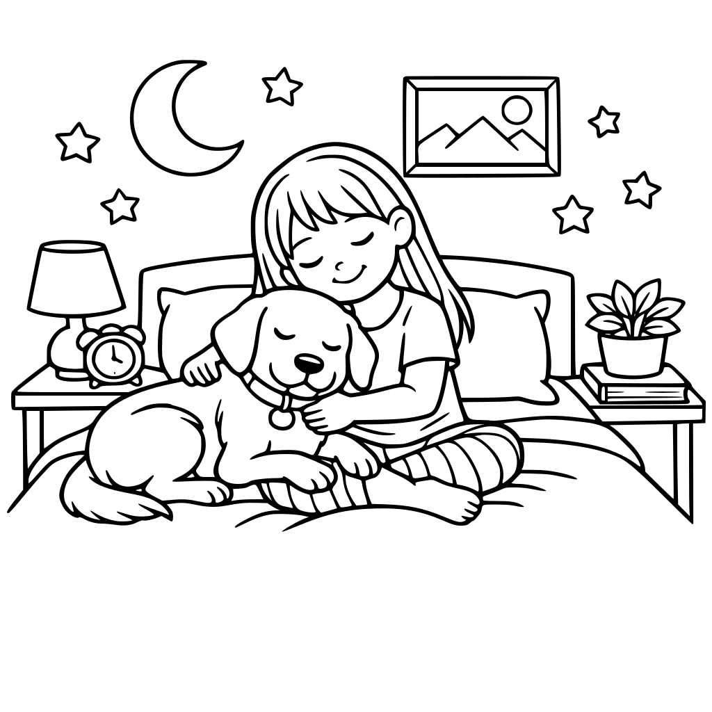 A cozy bedroom scene with a girl and her dog