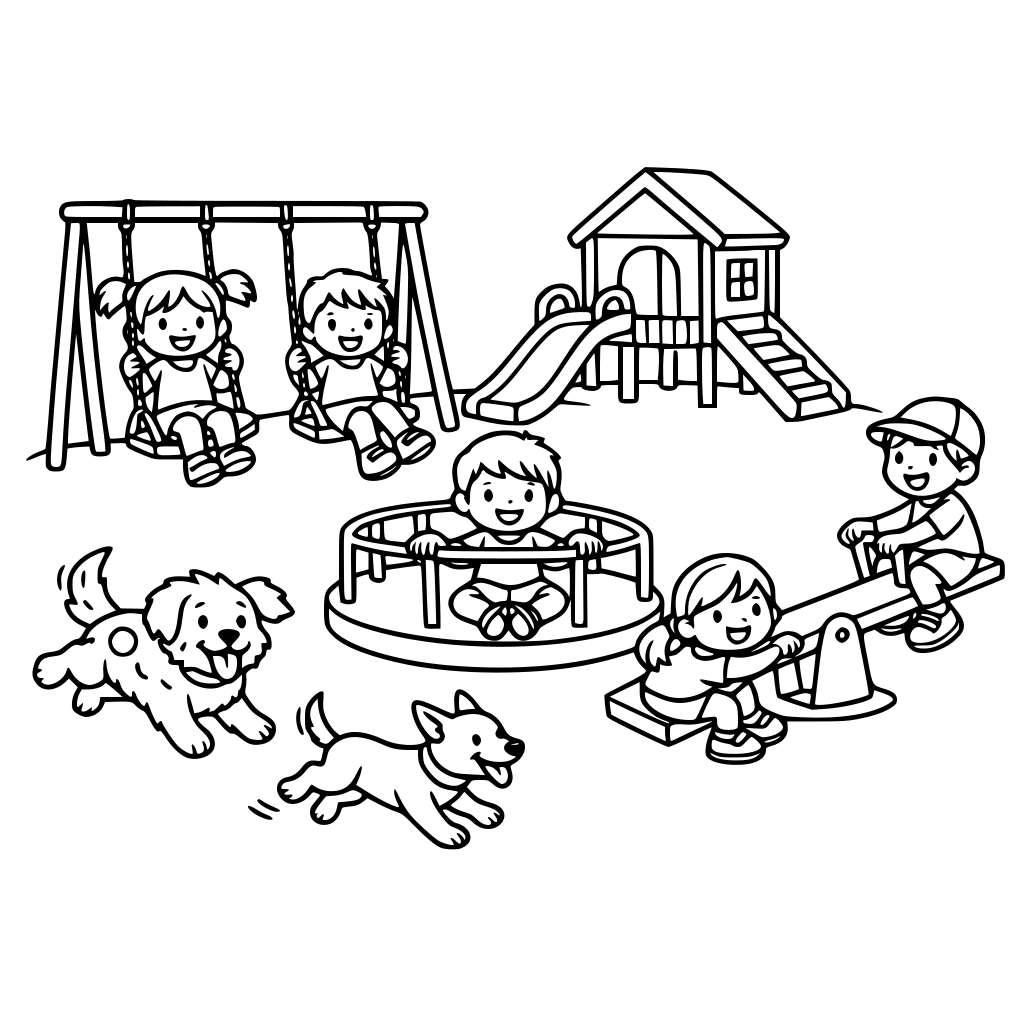 A childrens playground with 5 children playing and 2 dogs running around. The play park has 2 swings, a merry go round, a seesaw, a slide and a small