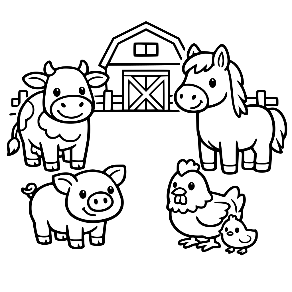 Cute farm animals in the farm, Thick bold outline, No tiny details, No color, No shading, Large white coloring areas, Centered image, No cluttered background
