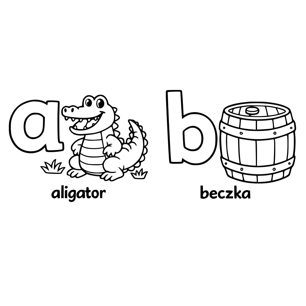 Literki alfabetu do pokolorowania litera a do tego obrazek na przykład aligator litera b do tego obrazek na przykład beczka dla dzieci