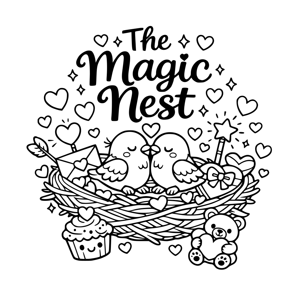*The Magic Nest* - text in the middle. Valentine theme for kids.