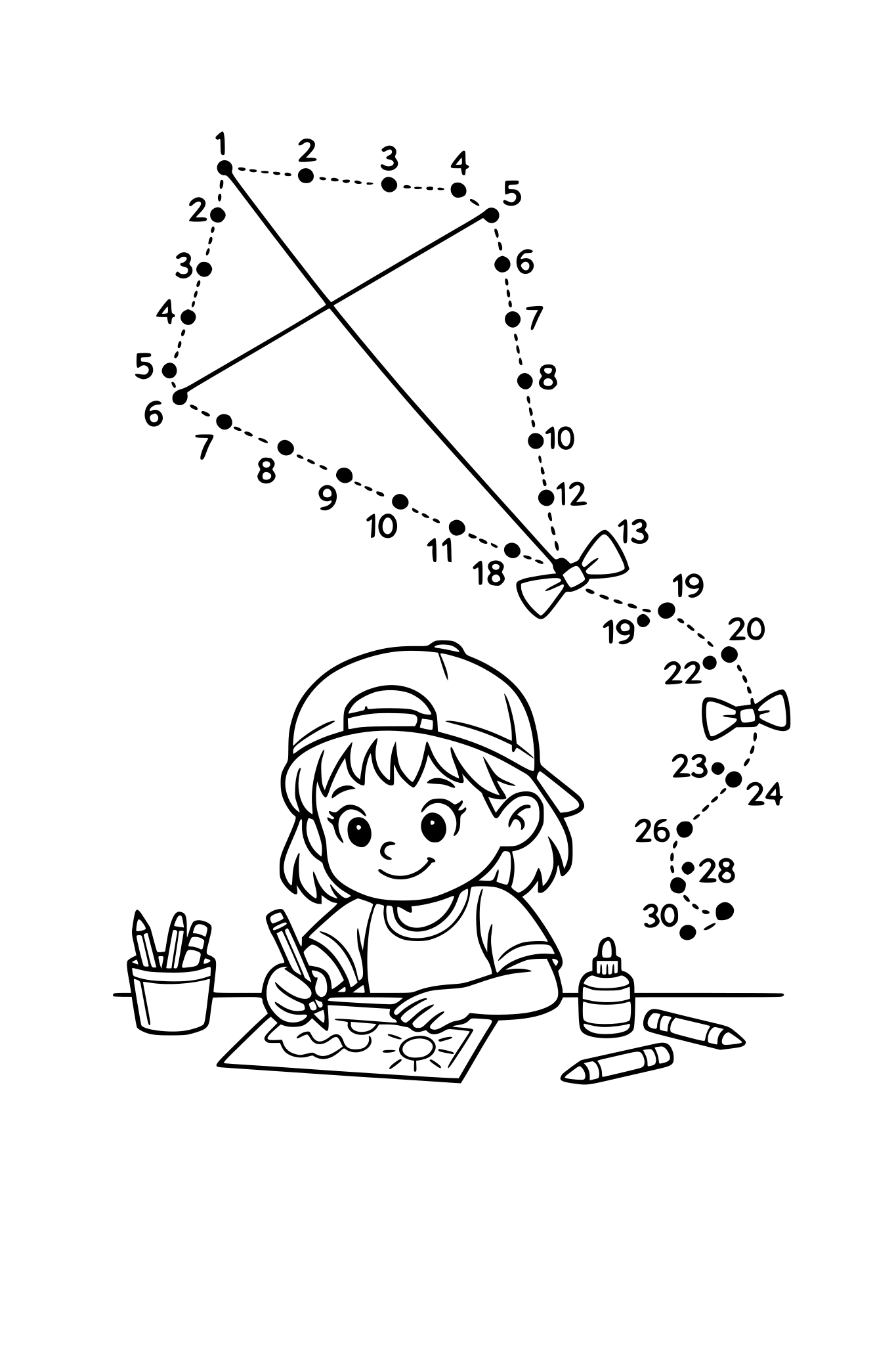 a connect the dots activity page with a picture of a young girl doing an activity