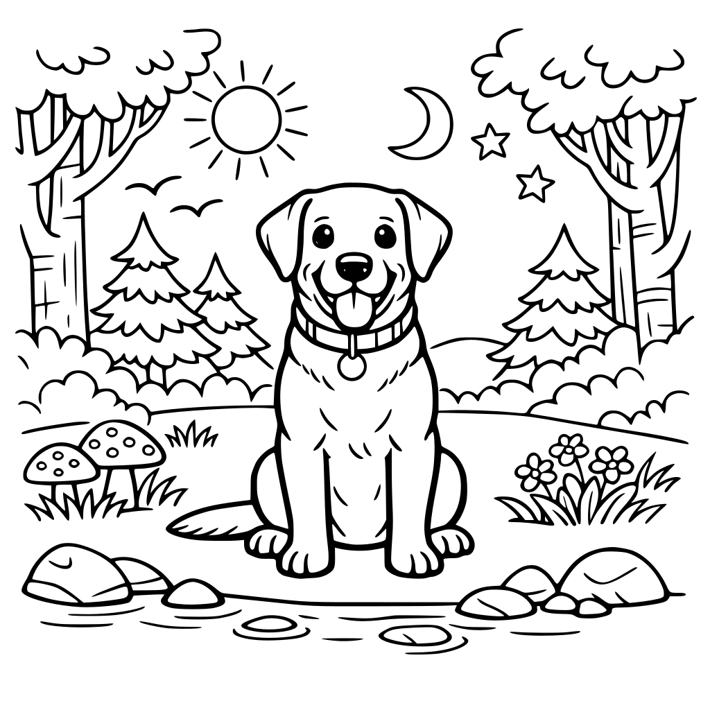colouring book with black labrador in woods