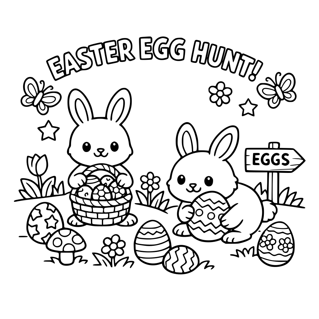 easter coloring book with bunnies, egg hunt