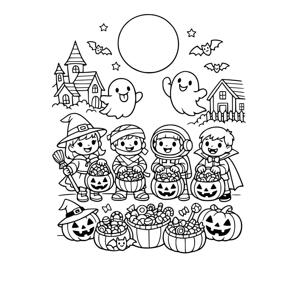 A spooky-yet-funny Halloween scene with cute cartoon pumpkins, ghosts, witches, and kids in imaginative costumes trick-or-treating through a friendly neighborhood. Add candy baskets overflowing with sweets and a full moon shining in the night sky.