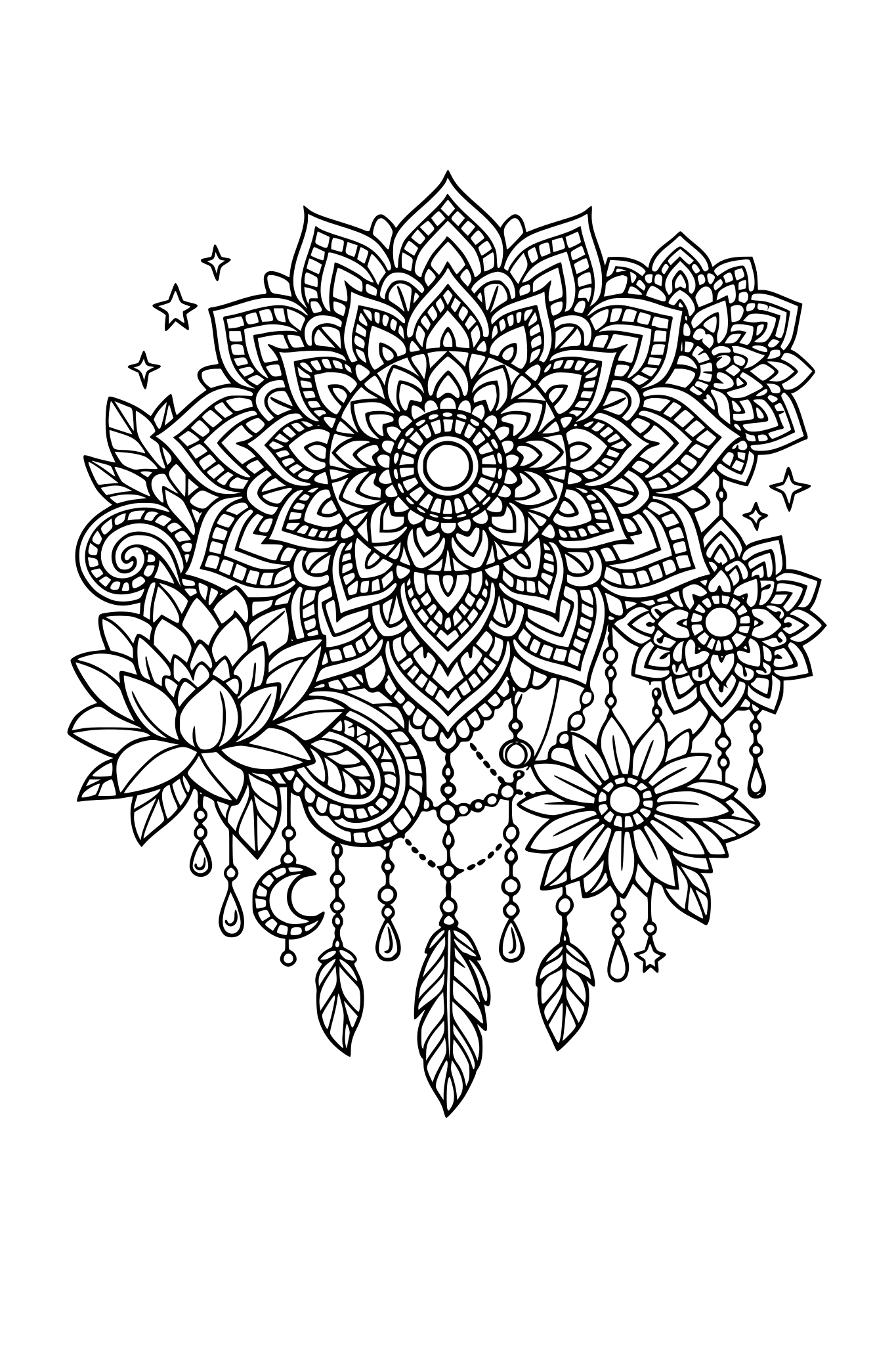 bold clean outlines, black and white, line art, no shading, intricate bohemian mandalas, detailed floral pattern, bohemian style, high quality coloring book