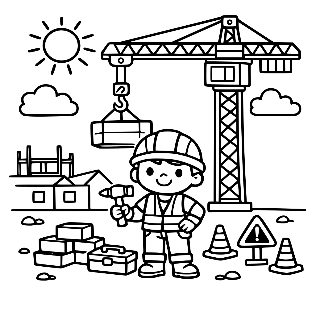 Een kleurplaat van iemand op de bouwplaats voor een kind van 5 jaar. Een grote hijskraan.