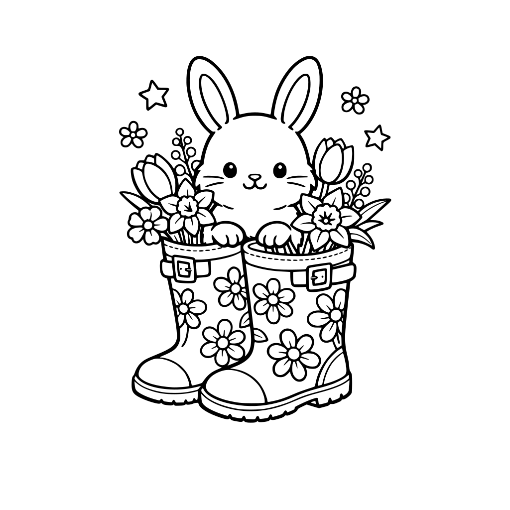 Rain boots with flowers on a bunny and spring flowers inside
