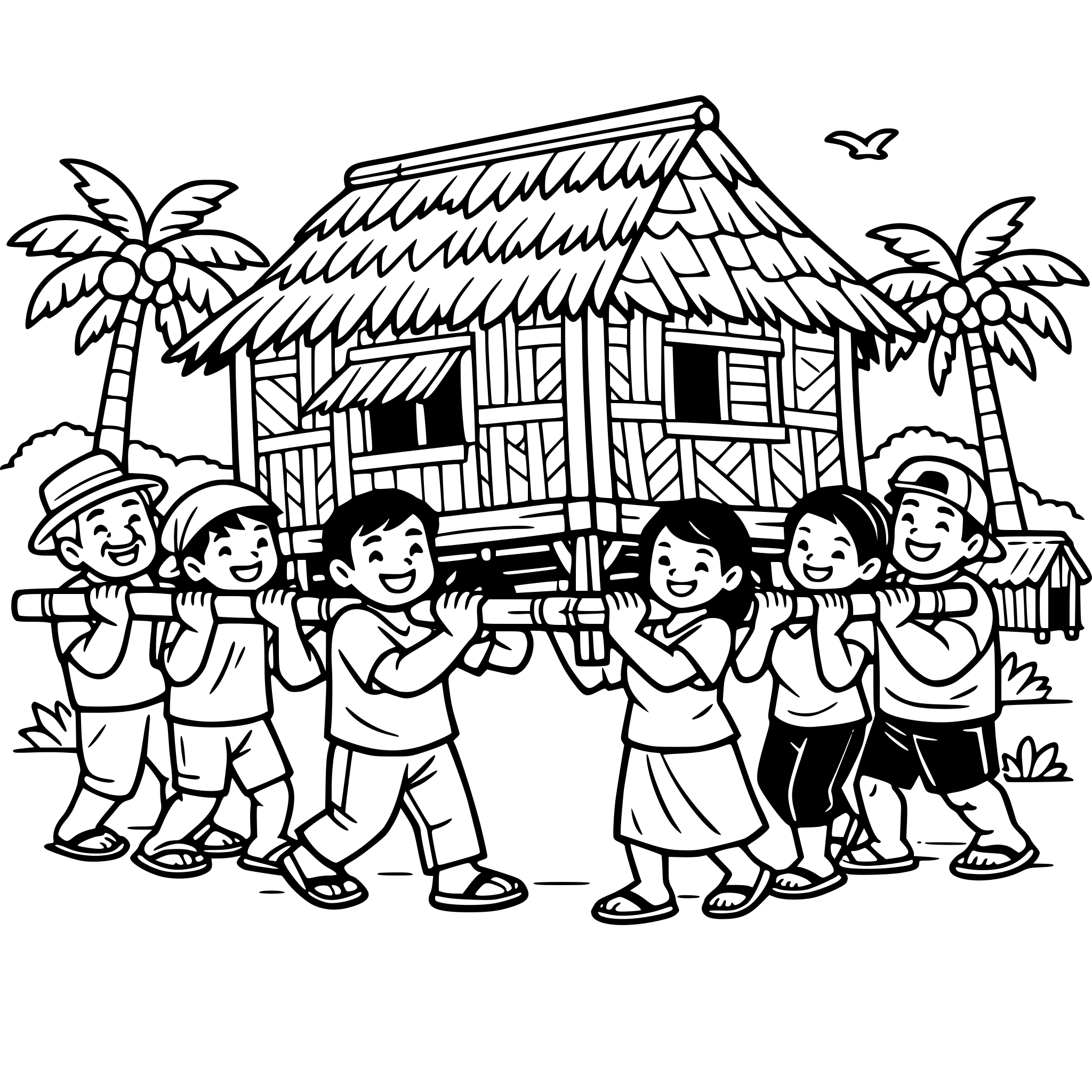 Cute and heartwarming illustration of Filipino neighbors practicing bayanihan, carrying a small nipa hut together, smiling and helping each other, tropical village background, coconut trees