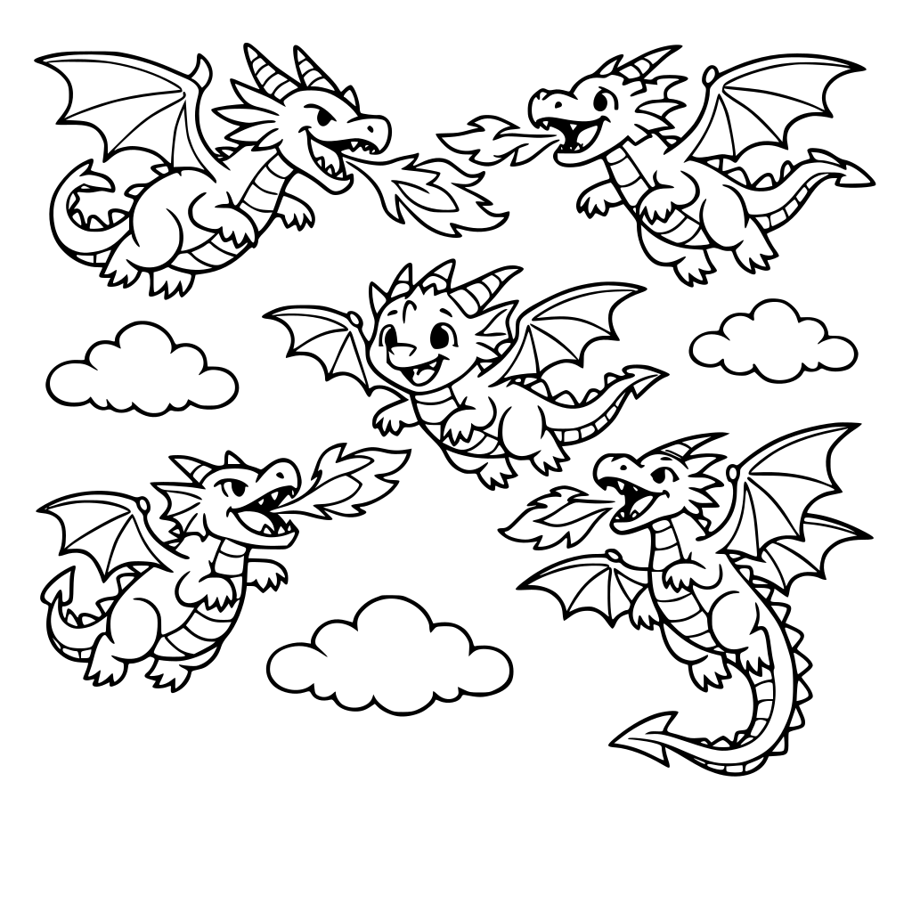 Dragons flying up in the skies, some spitting fire , fun
