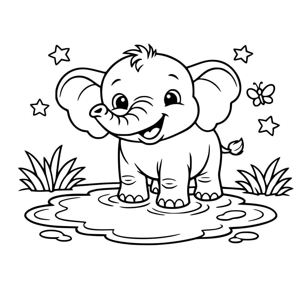 baby elephant smiling standing over a big puddle and some grass nearby