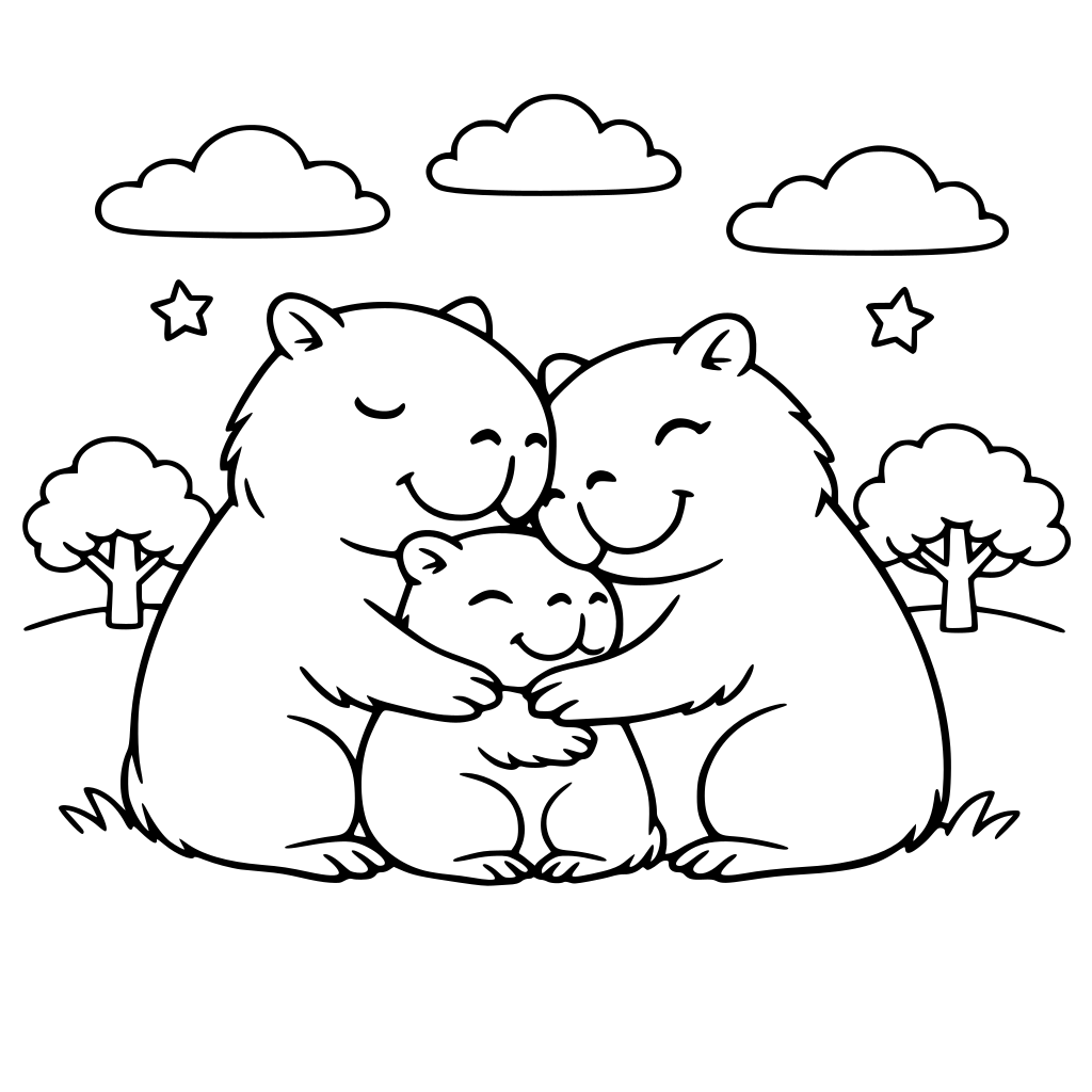 Adorable capybara parents hugging their young, warm and happy expressions, peaceful natural background, simple trees and clouds, story ending illustration, black and white coloring page, clean outlines, minimal details.