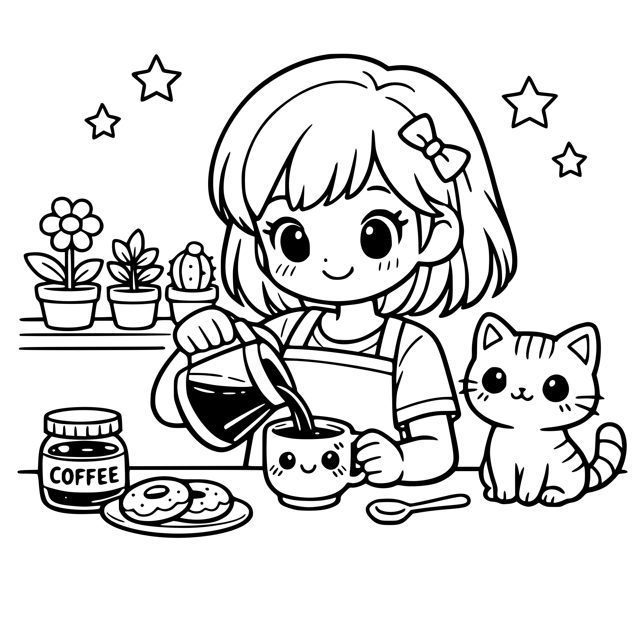 Cozy Kitchen Coffee — Young adult girl pouring coffee into a cute mug, plants on the windowsill, cat watching in cartoon and kawaii style