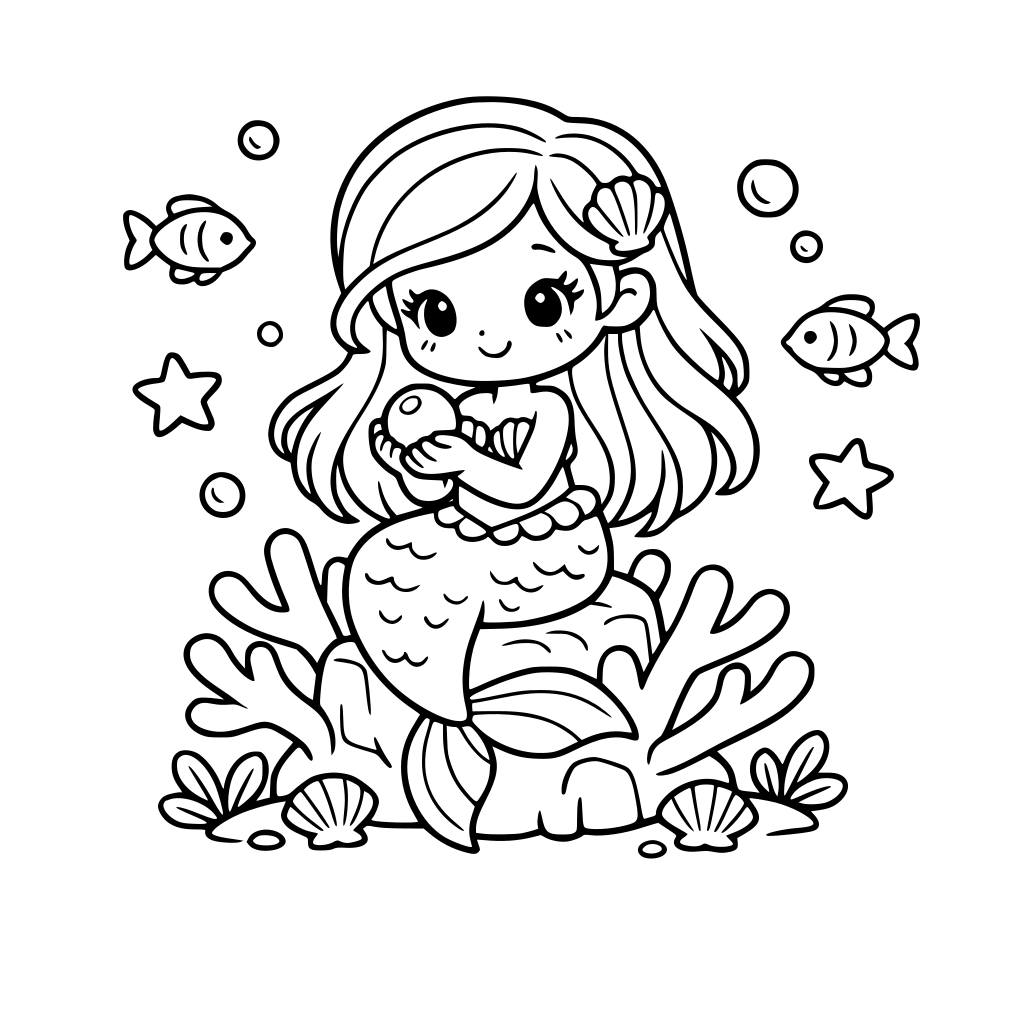 Niedliche Meerjungfrau die auf einer Koralle sitz und eine Perle in der Hand hält.