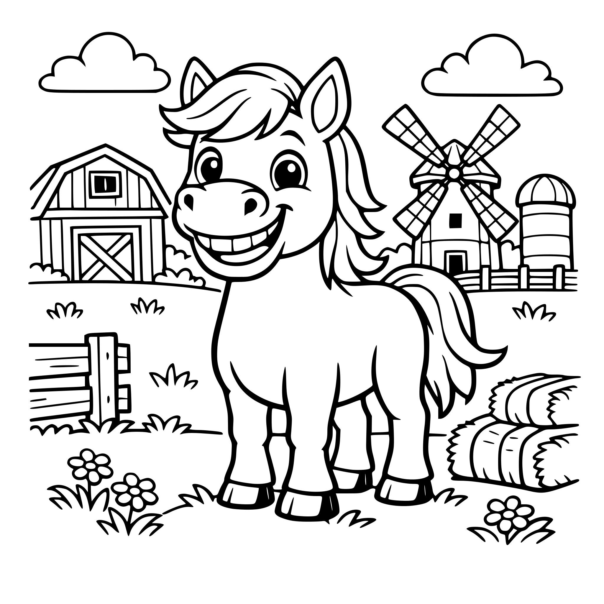 Cute horse smiling with background of farm