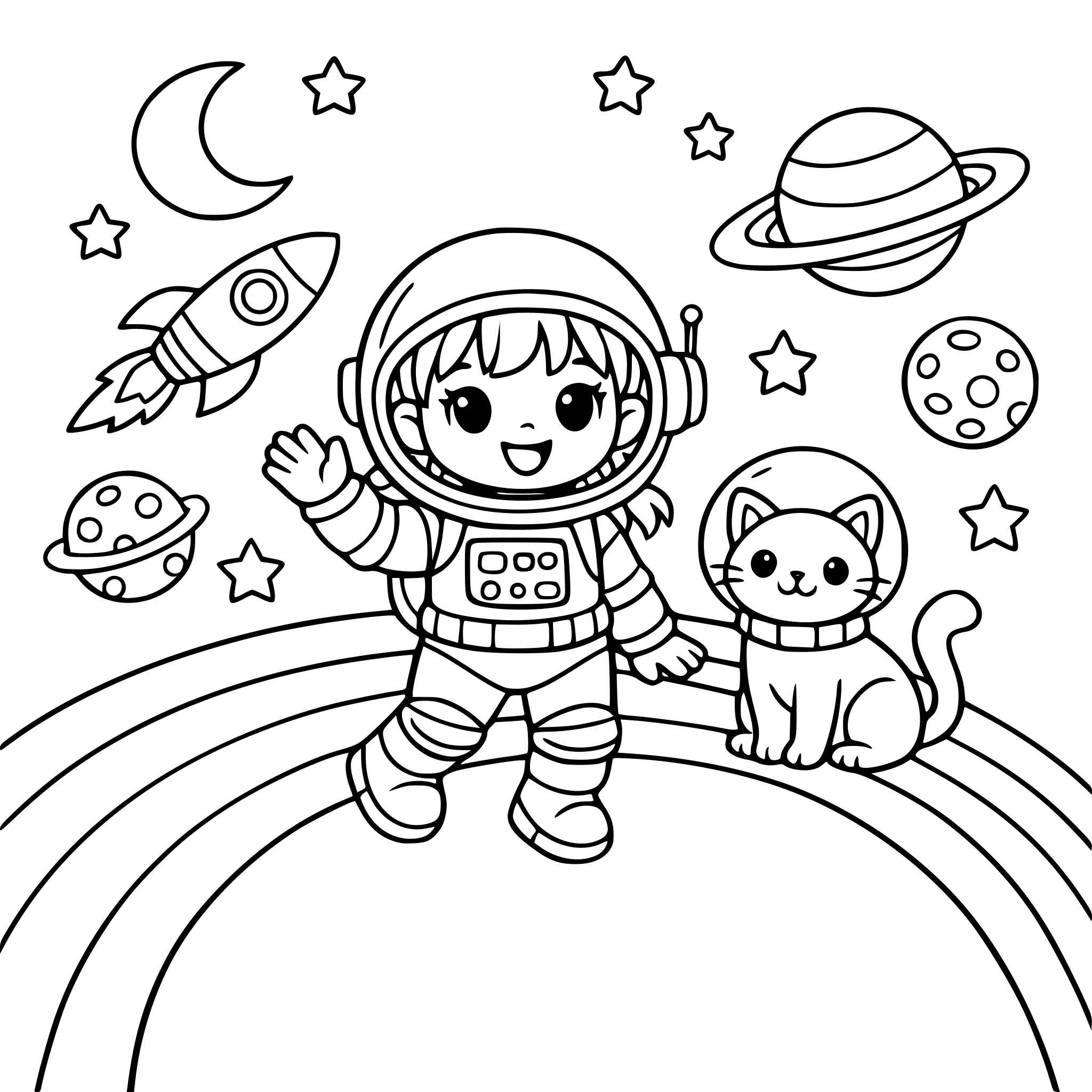 LITTLE GIRL IN RAINBOW SPACE WITH THE CAT