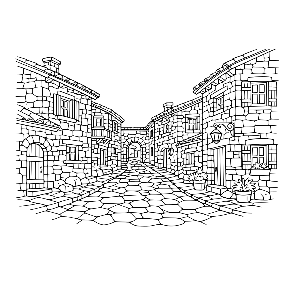 por favor dibuja una calle empedrada, con casas de piedra.