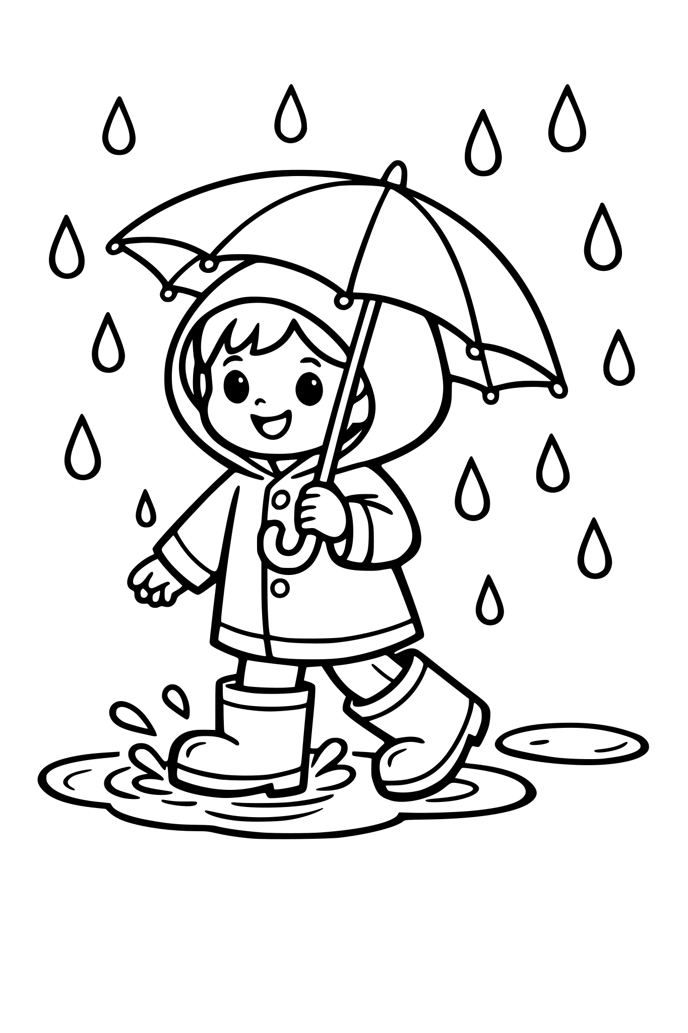 cute kids coloring page, cute child wearing a raincoat and big rain boots walking in the rain, holding an umbrella, puddles on the ground, simple shapes, thick outlines, black and white kids coloring page