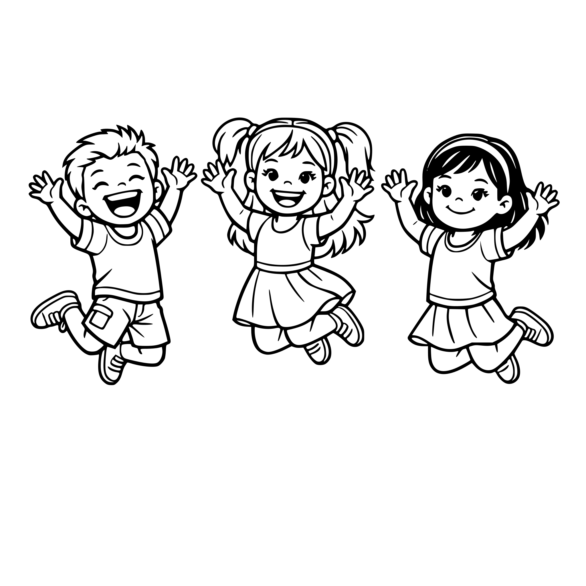Three different realistic children jumping up and down. One boy is laughing. One girl is smiling. Another girl is smiling with mouth closed. White background, isolated.