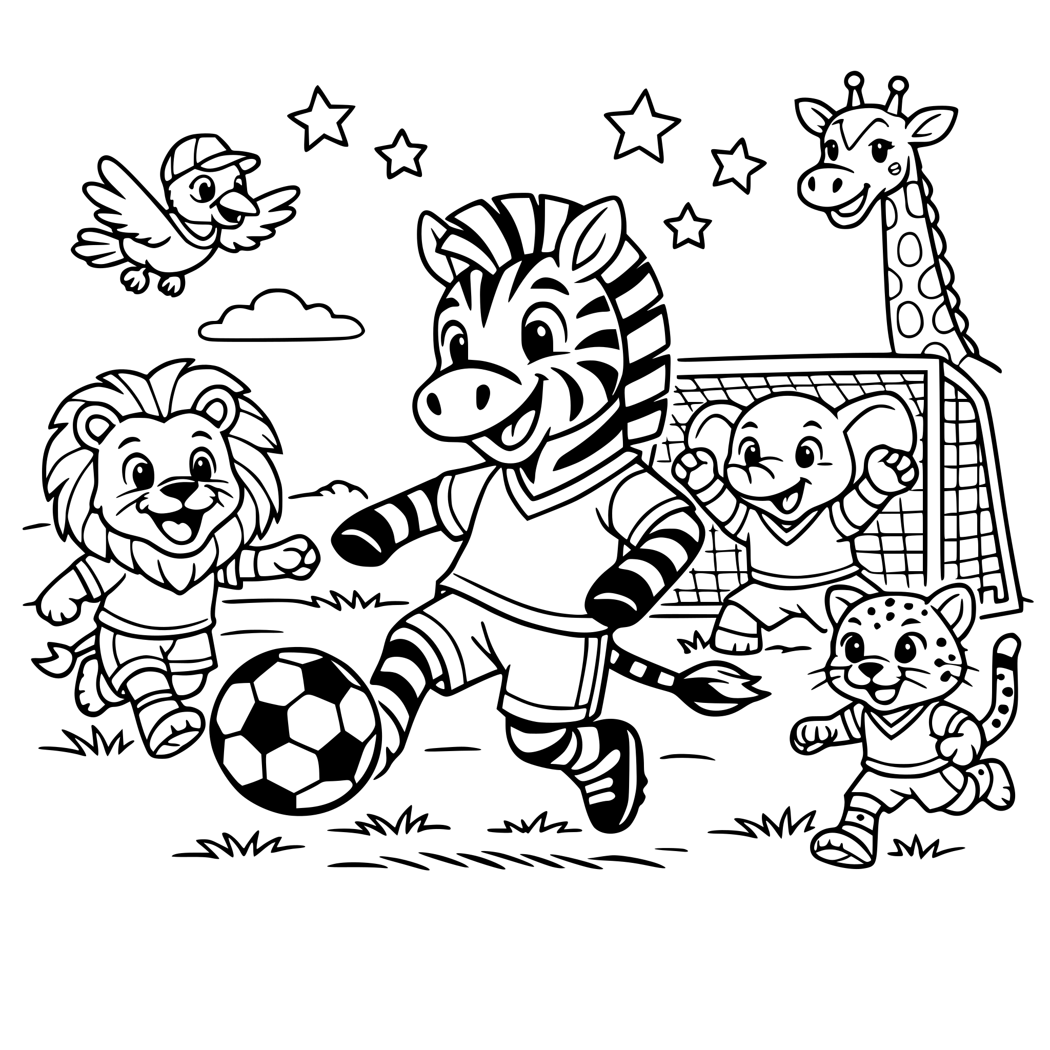 una cebra jugando un partido de Soccer junto a otros animales en medio de la sabana.