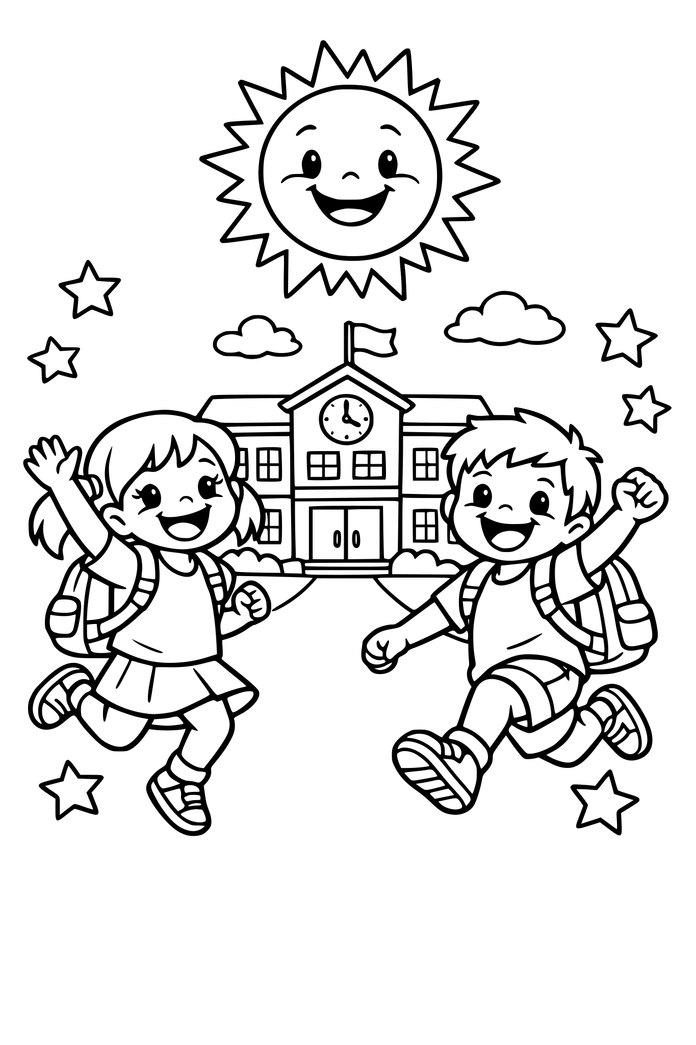 kids celebrating with backpacks jumping and running girl and boy school in the background on a sunny day, sun smiling