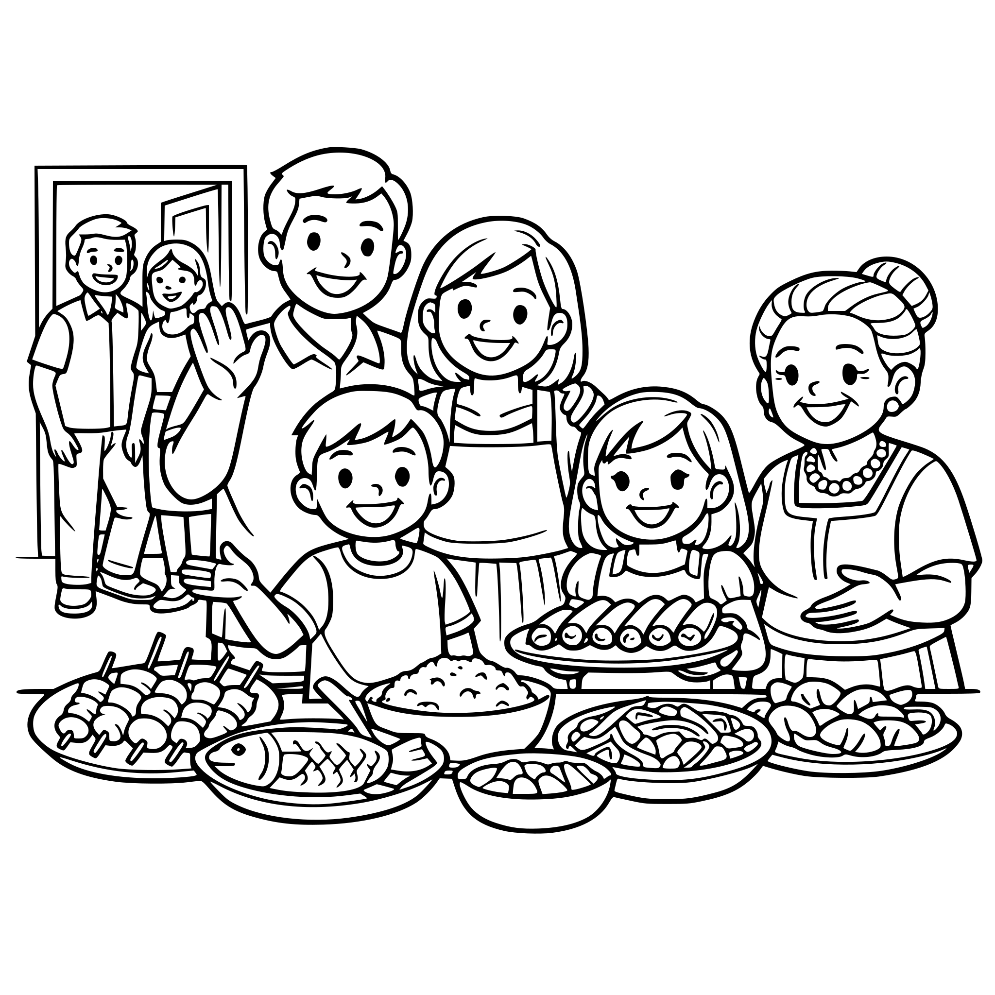 Filipino family warmly welcoming guests into their home, offering food on the table, smiling faces, cozy home setting, traditional Filipino house interior, cute and friendly