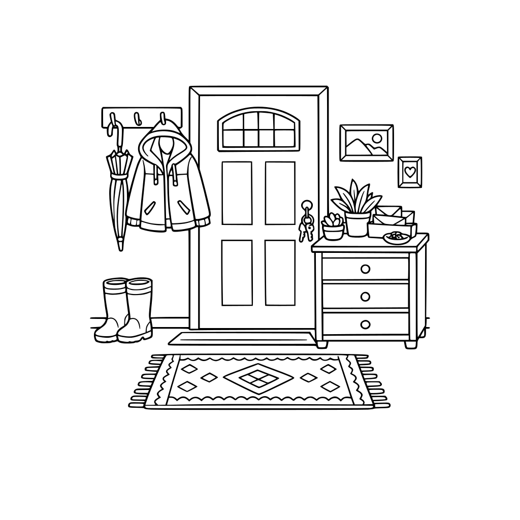 cute and cozy. door entrance with umbrella, boots, jacket on coat rack, chest of drawers with plants, picture frames, keys, mail. floor rug.