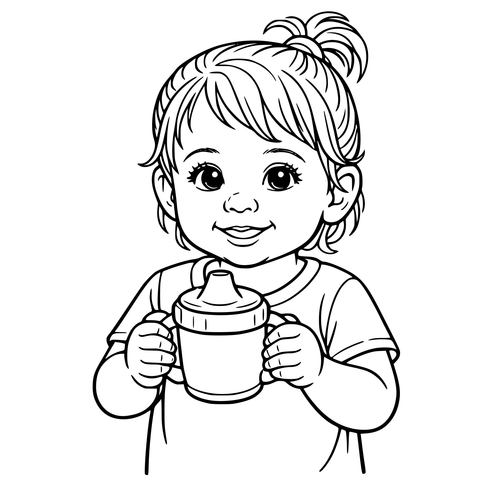 Create an image of a real toddler girl holding a baby drinking cup with a handle and sippy cover. Make her facial features, eyes, nose, mouth look life like. White background, isolated.