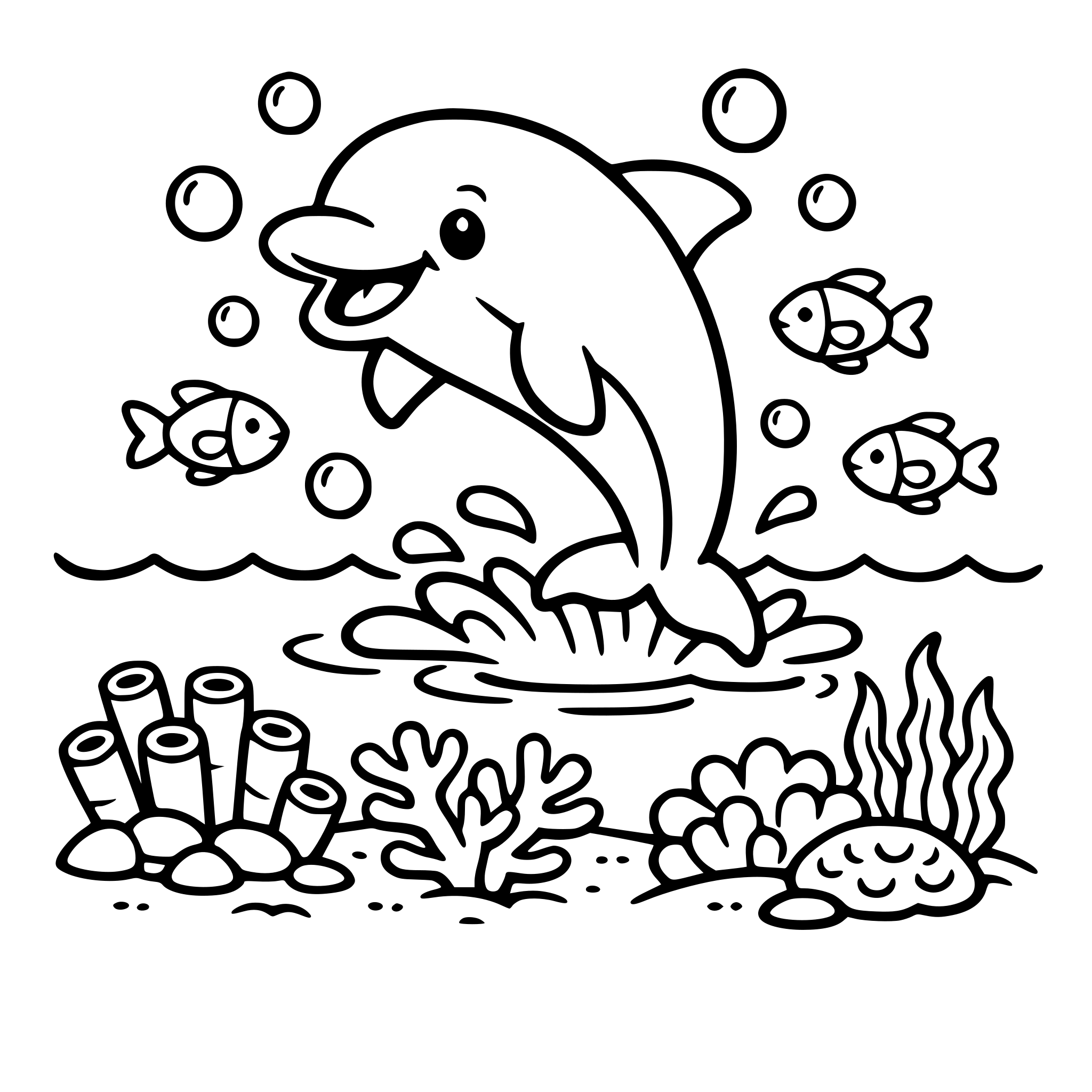 Happy dolphin jumping out of the ocean with bubbles and small fish around, coral reef and seaweed below. kids coloring book page, black and white line art, thick bold outlines, simple shapes, no shading, white background, printable coloring page, cute cartoon style