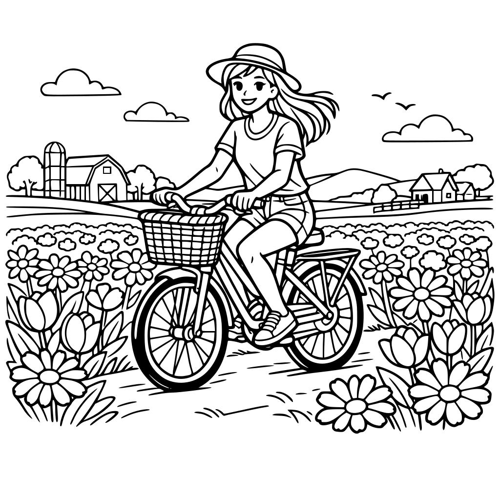 the young woman is riding the bike amid the flower field with countryside background