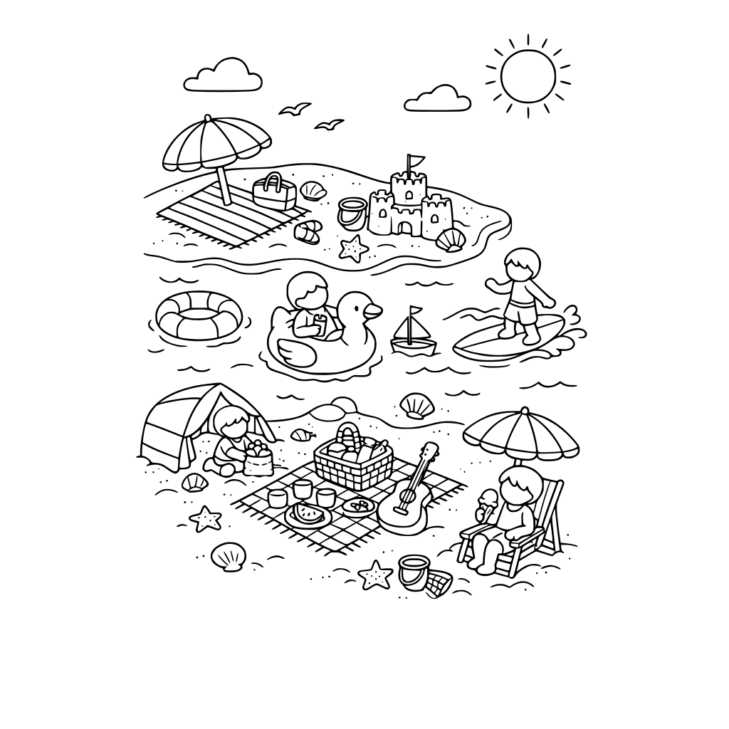 hygge style, cute and cozy, 3d isometric, fun day at the beach, no faces