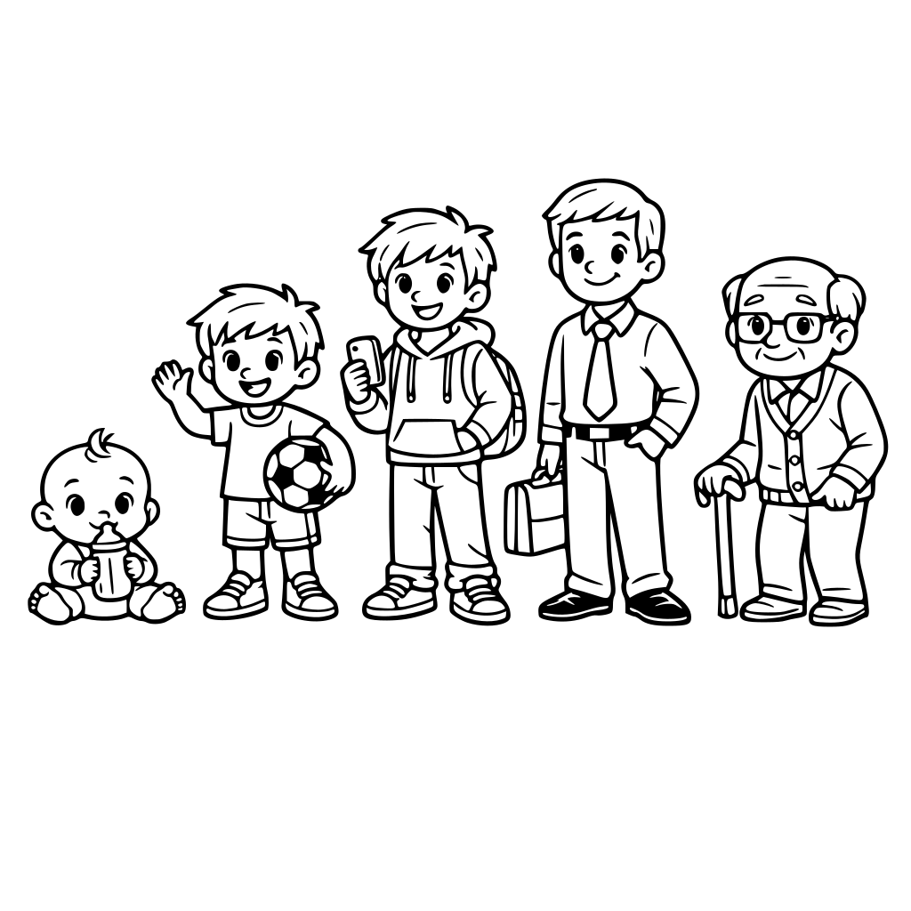 etapas de una persona: un bebe, un niño, un adolescente, un adulto y un mayor. Para niños colorear animado y divertido