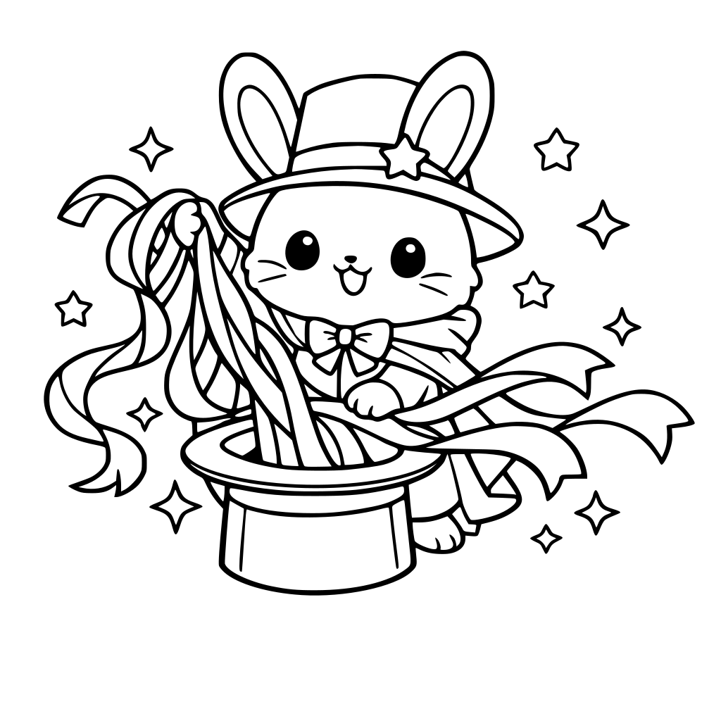 cartoon and kawaii art style of Bunny in magician robe and hat top pulling ribbons out of a hat — ribbons flowing in curves.