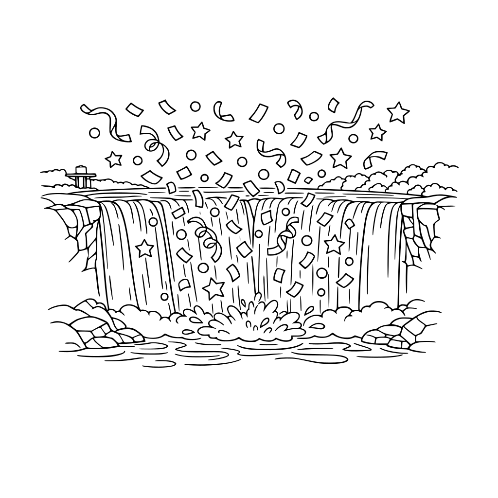 Niagra falls with confetti falling down the waterfall.