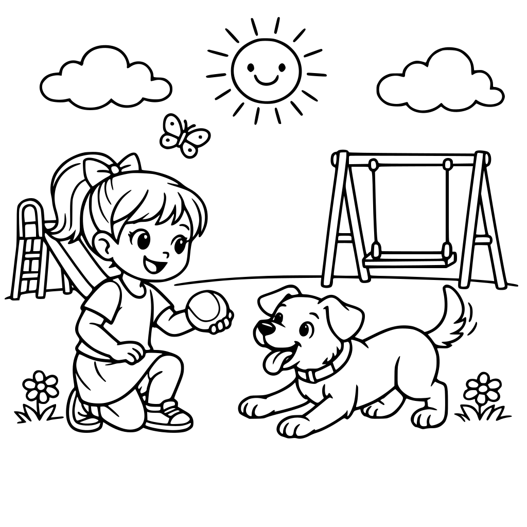 a cute little girl playing in the park with a dog