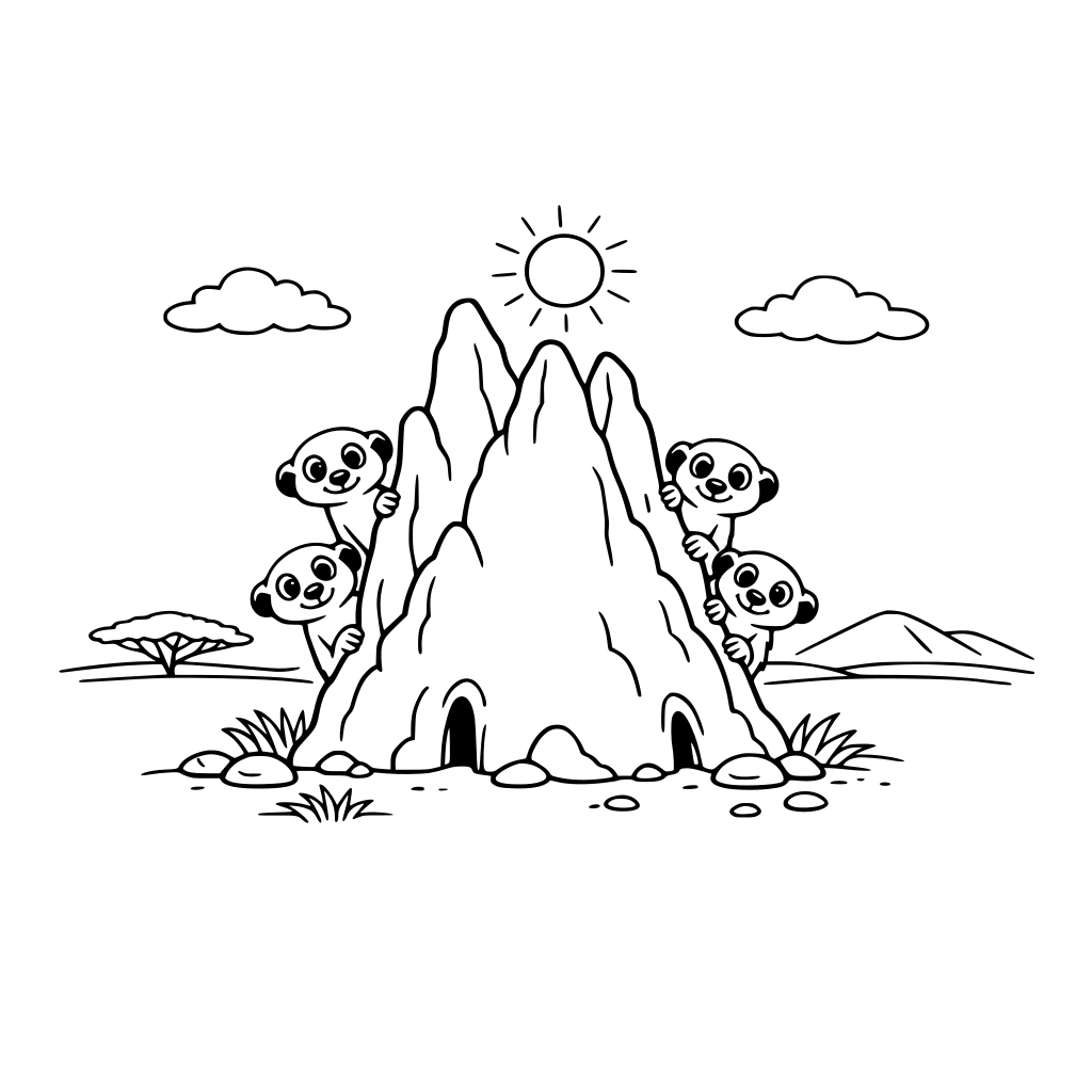 “Create a clean, black-and-white illustration for children. There is one large termite mound in the center of a sandy savanna, with a small group of curious meerkats standing and peeking around it.