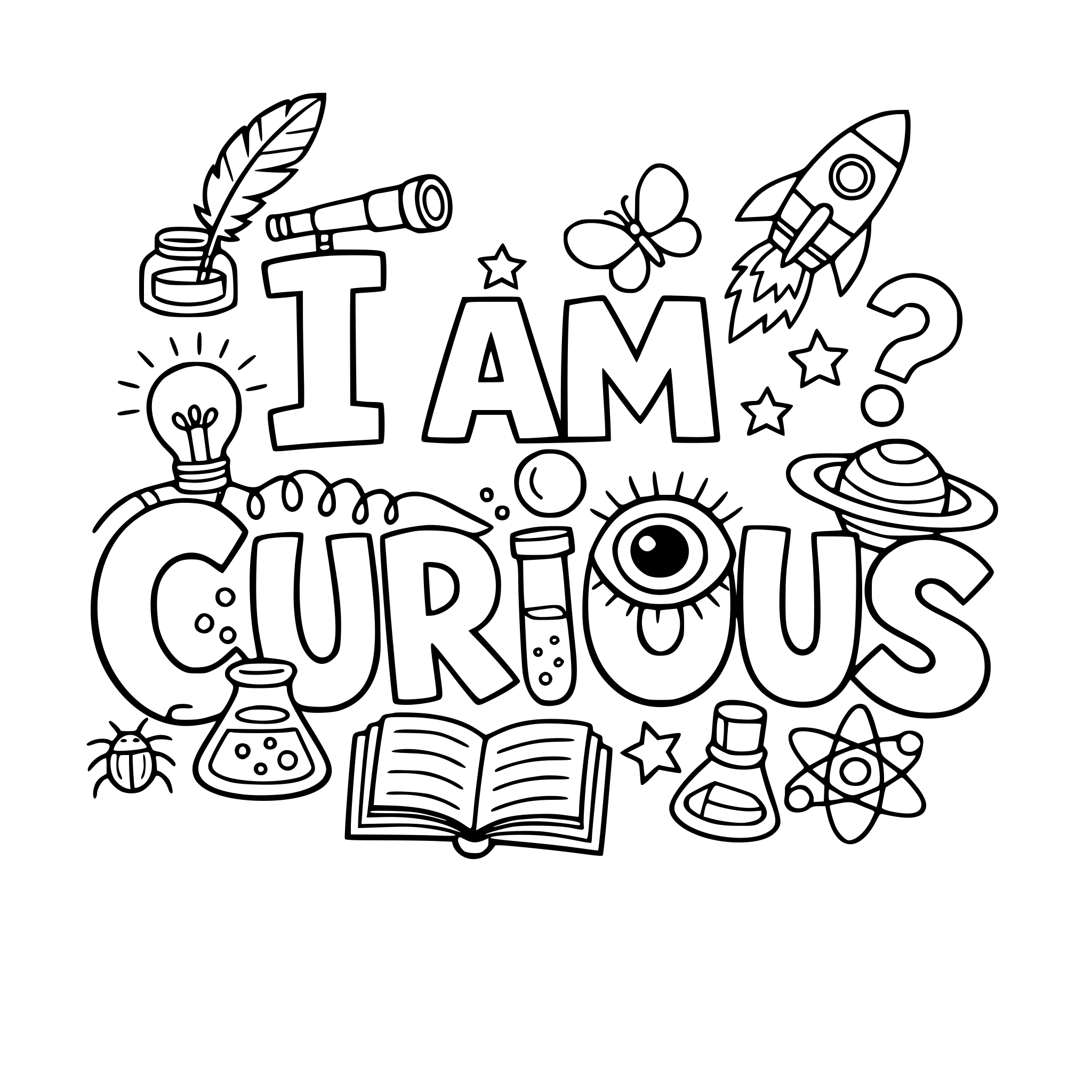 "I am curious" coloring letters with items around the letters that work with the lettering.