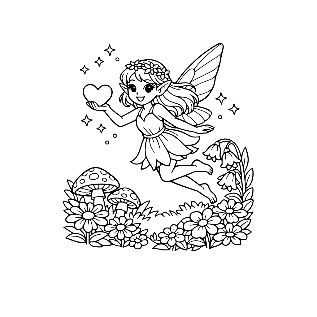 A fairy holding a heart in her hand flying in a forest filled with flowers.
