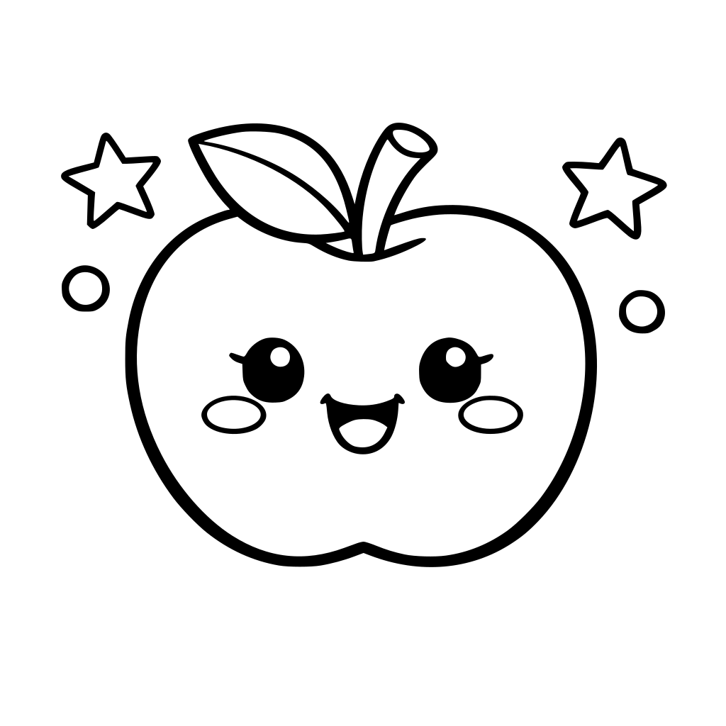 cute apple for kids coloring book, black and white line art, simple outline, no background