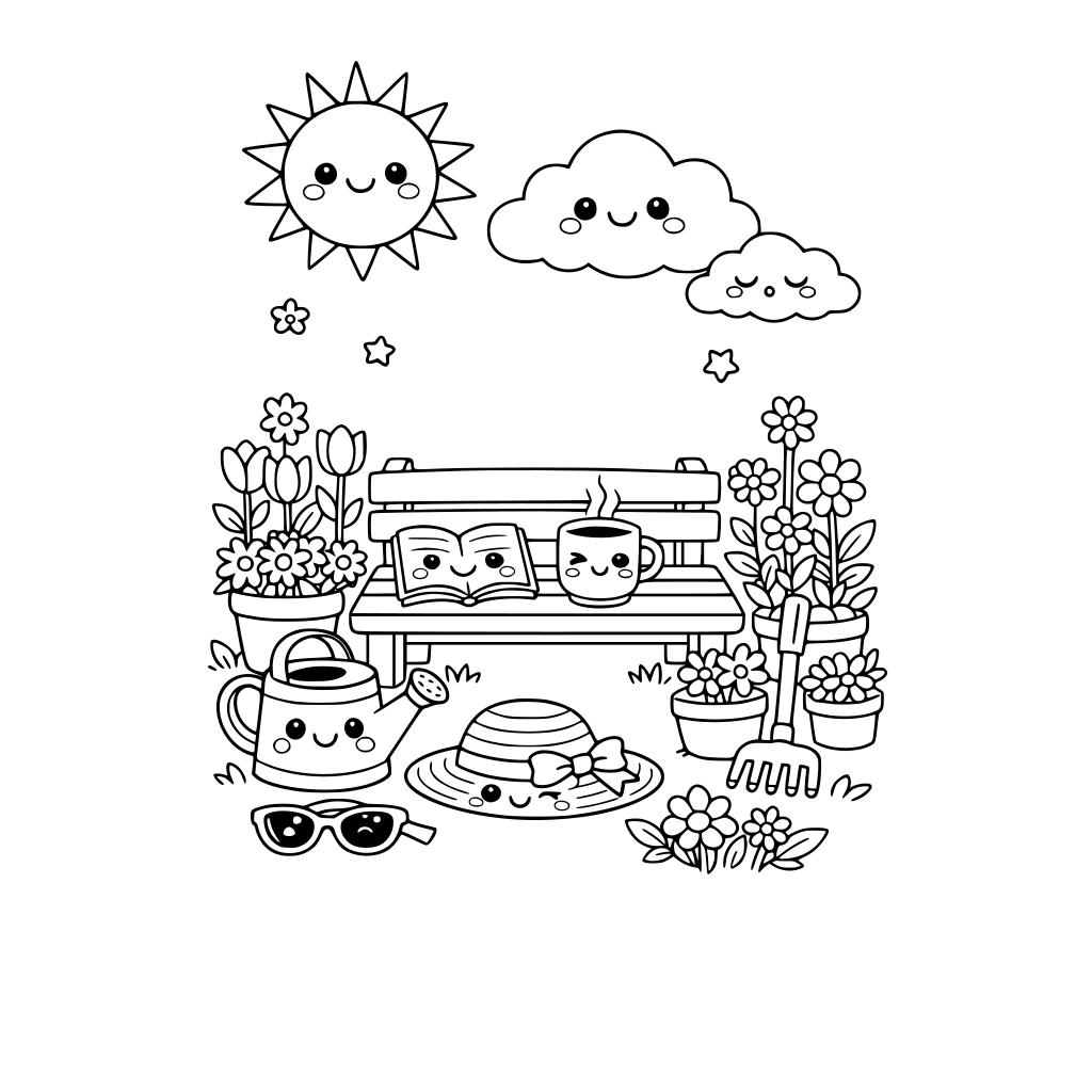 cute kawaii outdoor garden with sun, clouds, flowers, plants, bench, book, coffee, watering can, sunglasses, hat, rake. no animals. a few items with kawaii faces. do not repeat facial expressions.