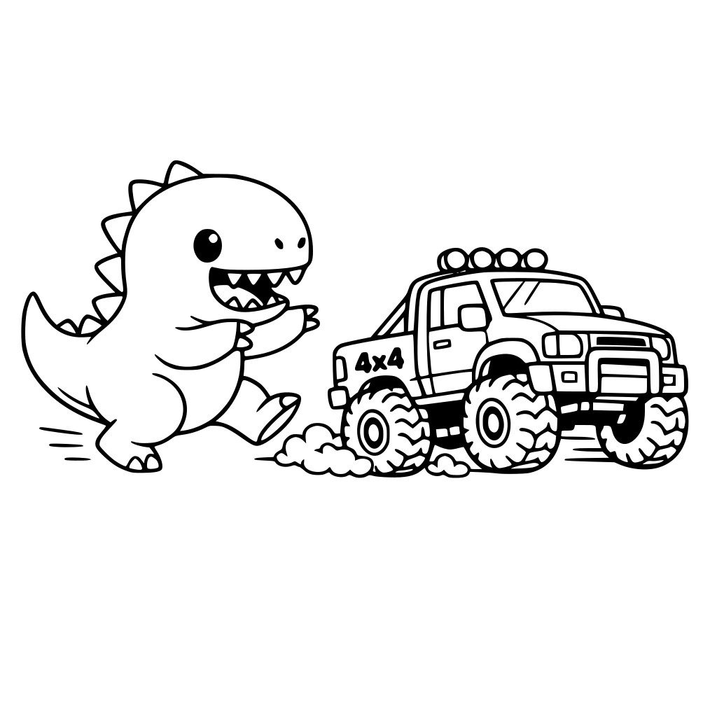 Create a simple cute dinosaur chasing a 4v4 truck