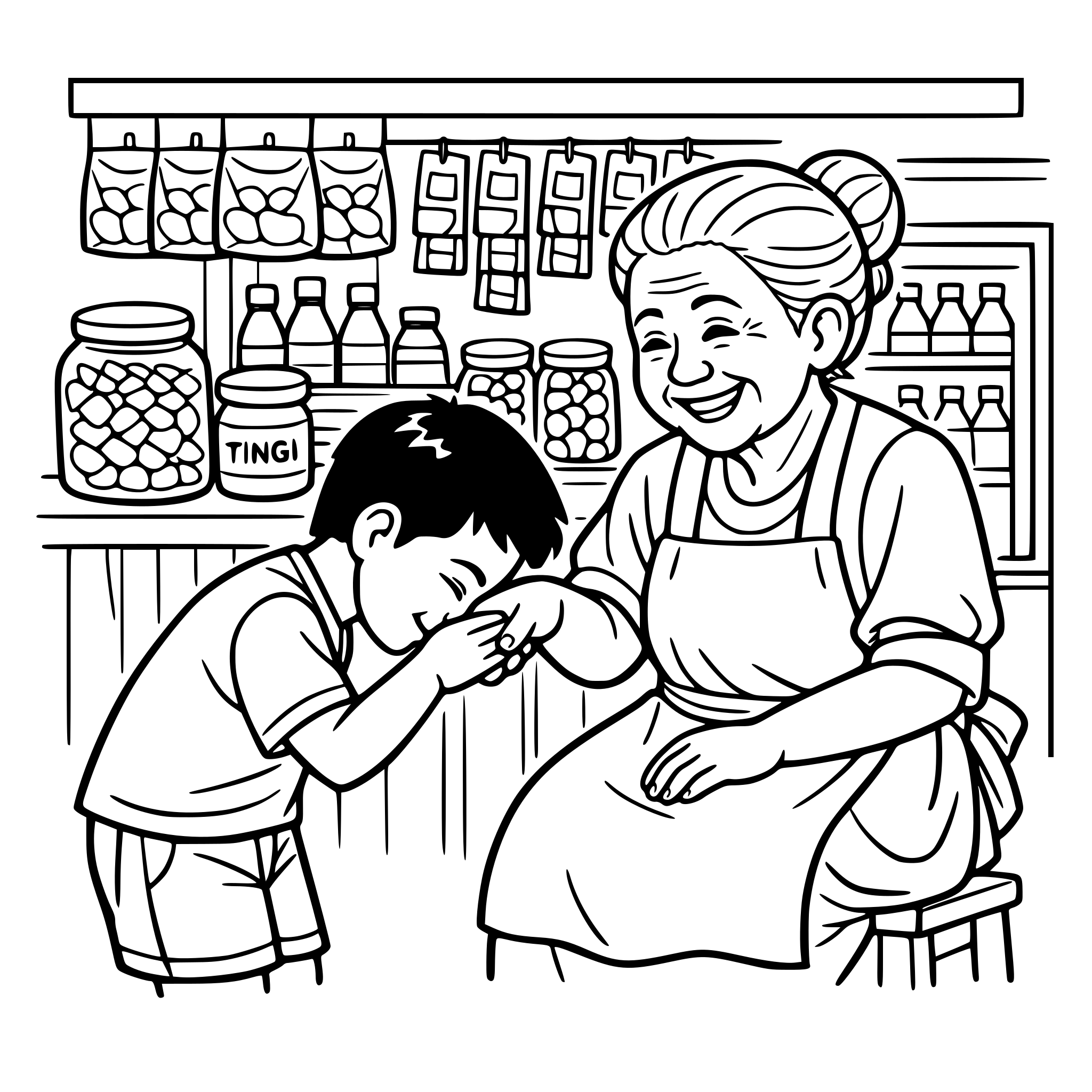 A young Filipino child doing ‘pagmamano’ to an elder, both smiling, traditional Filipino values with background of sari sari store