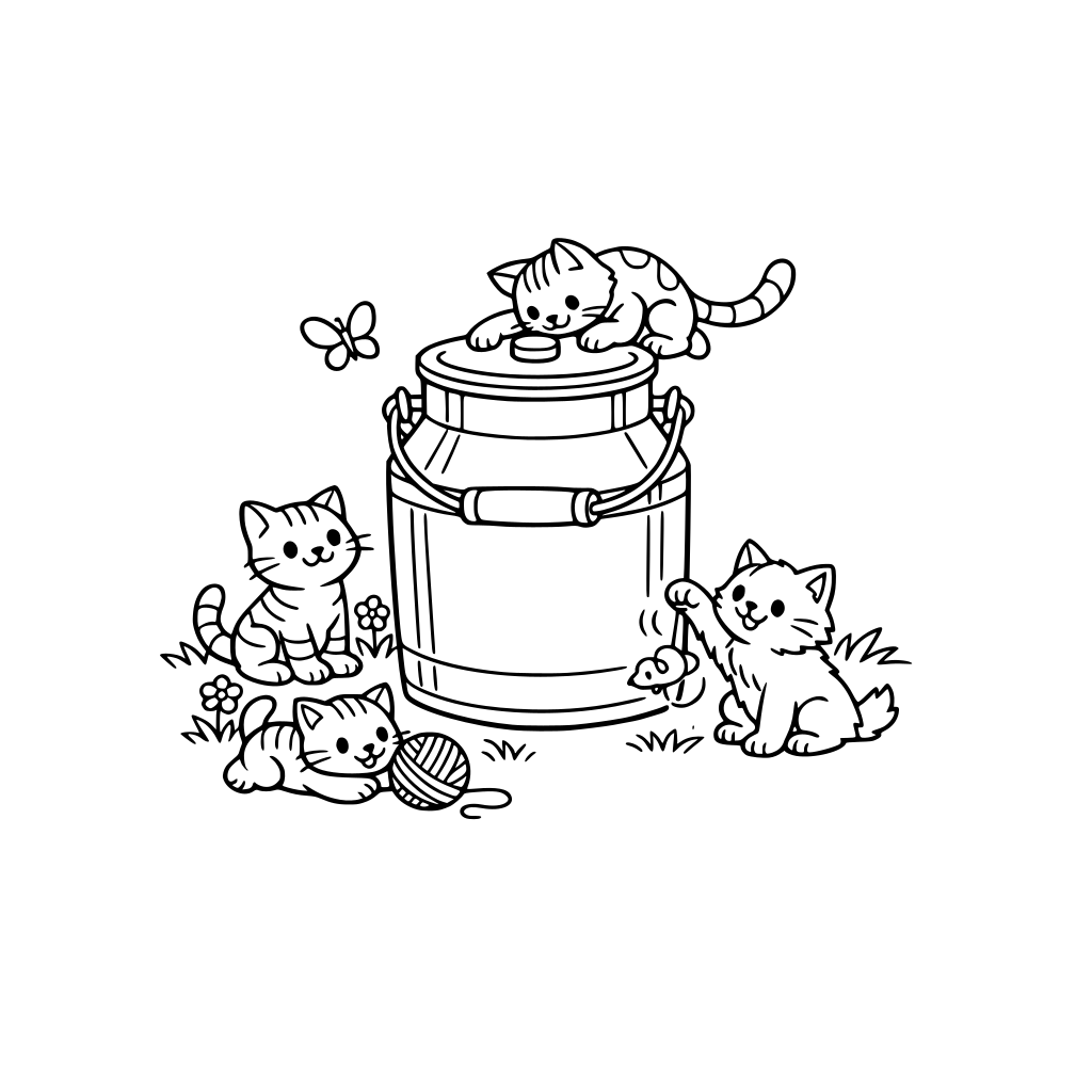 “Create a clean, black-and-white illustration for children. THERE is one large metal milk pail in the center of a grassy farm, surrounded by a small group of playful barn cats sitting and batting nearby designed clearly for a printable coloring and activity page.”